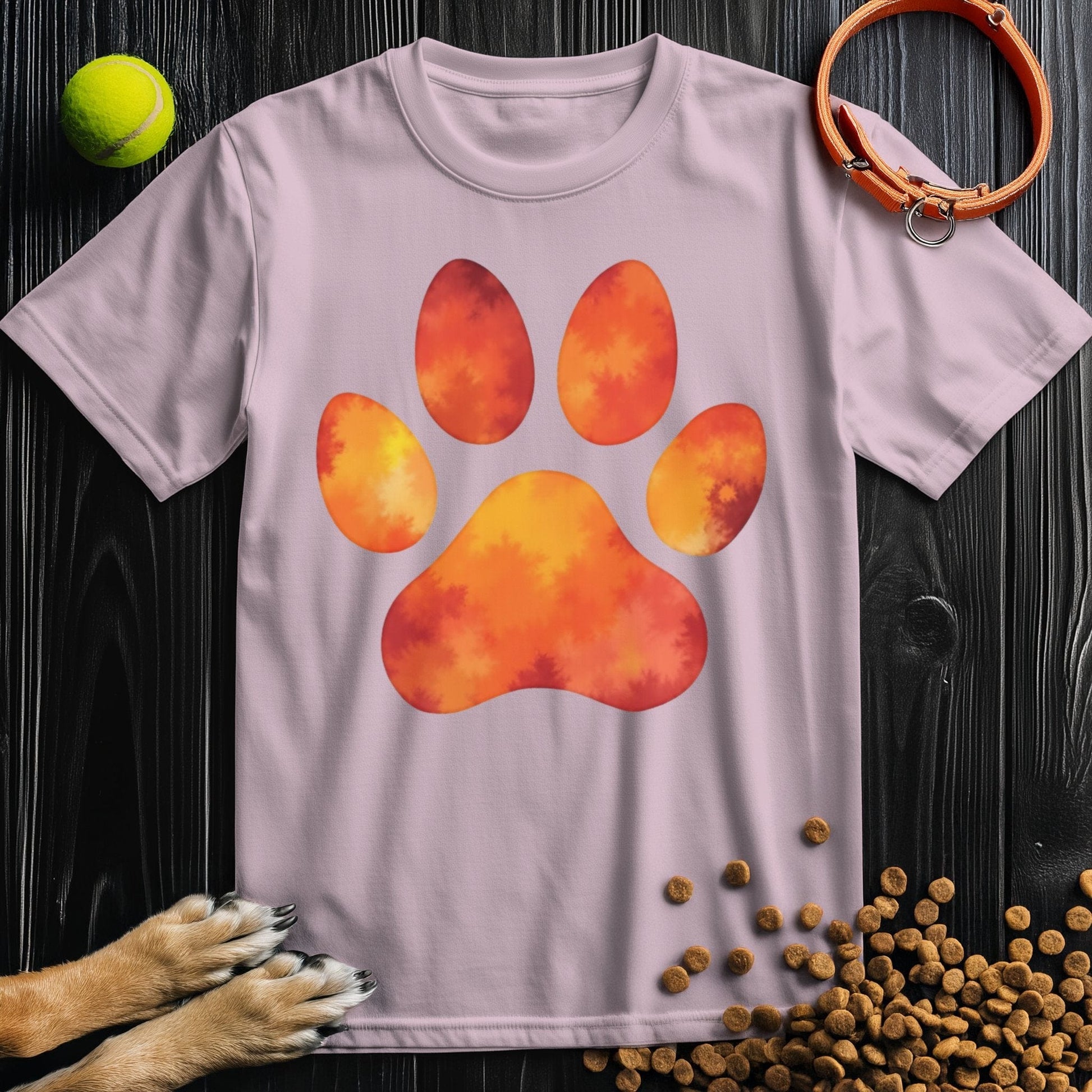 Dog Themed Shirts - Autumn Blaze Paw in light pink cotton with orange paw design. Soft unisex t-shirt perfect for dog lovers and casual outfits.