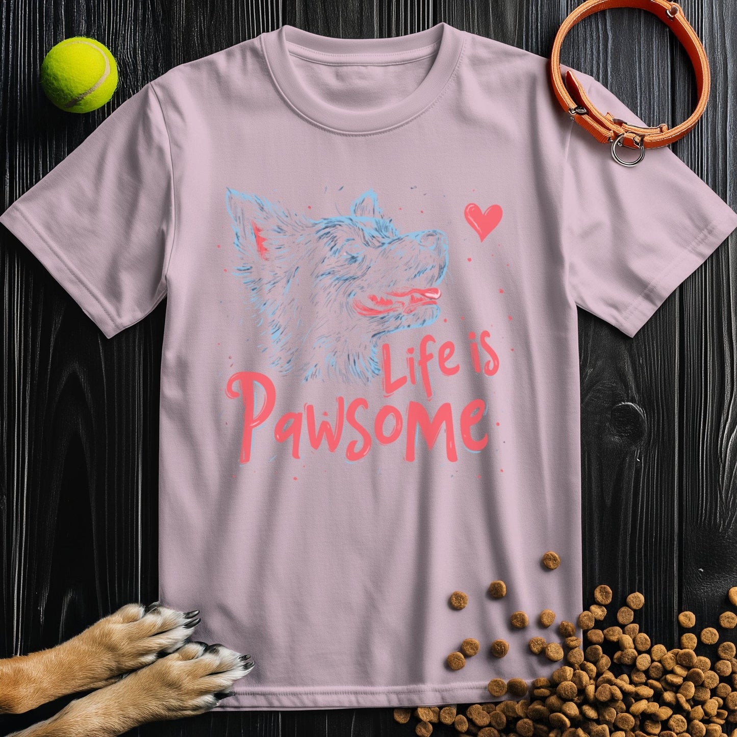 Light pink Life Is Pawsome T-Shirt with soft dog illustration and heart. Cute unisex cotton tee, perfect for dog lovers and summer style.