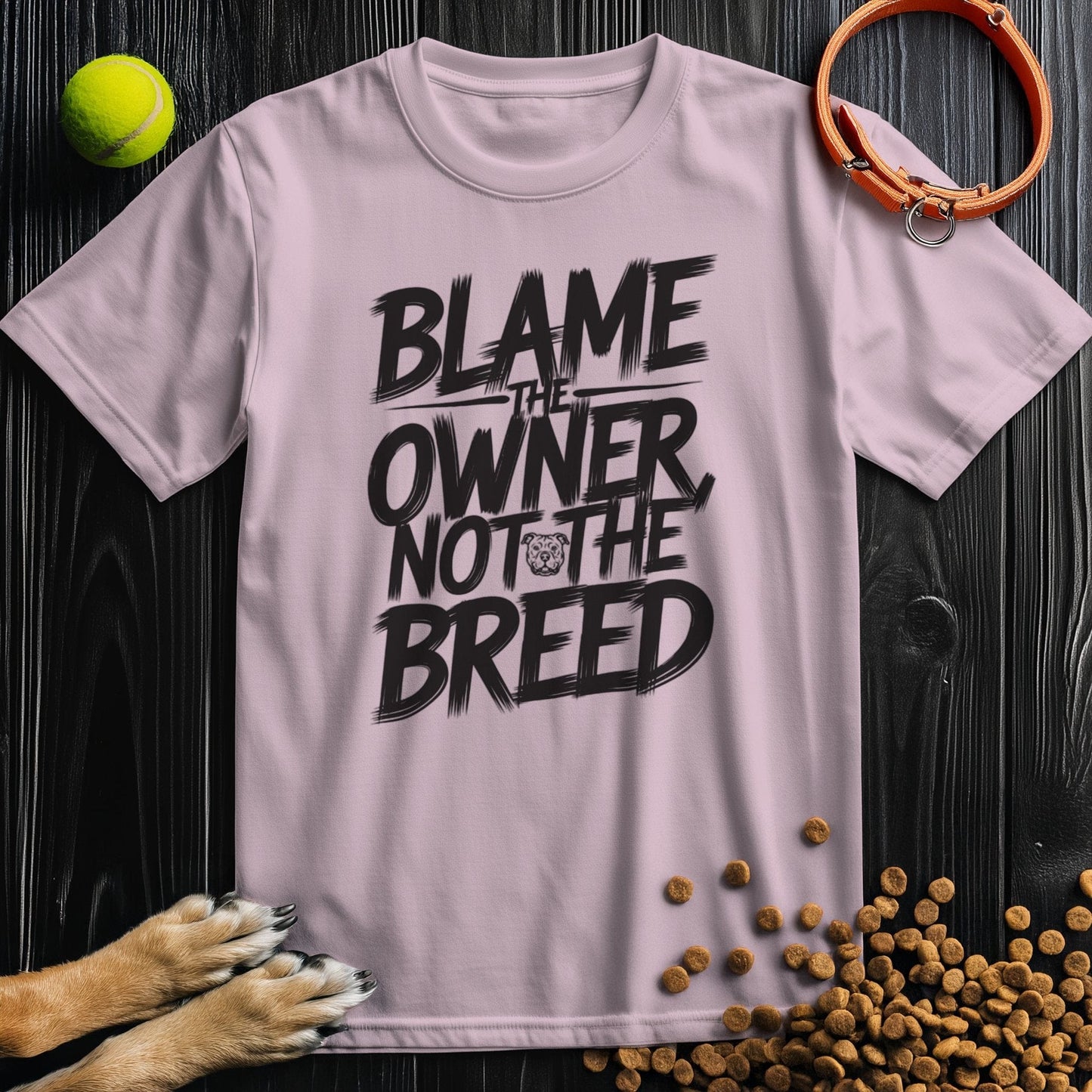 Light pink dog lovers' t-shirt with bold black slogan. Crafted from 100% cotton for ethical, stylish everyday wear.
