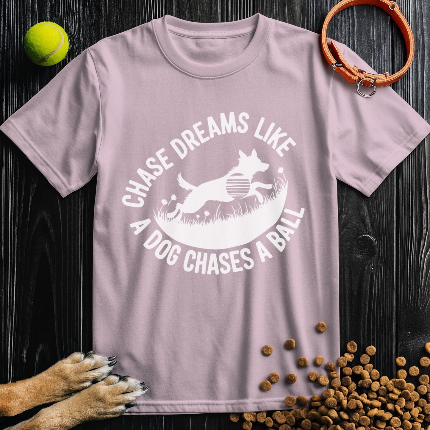 Light pink Chase Dreams T-Shirt with motivational dog print. Soft, breathable cotton tee perfect for summer and TikTok trends.