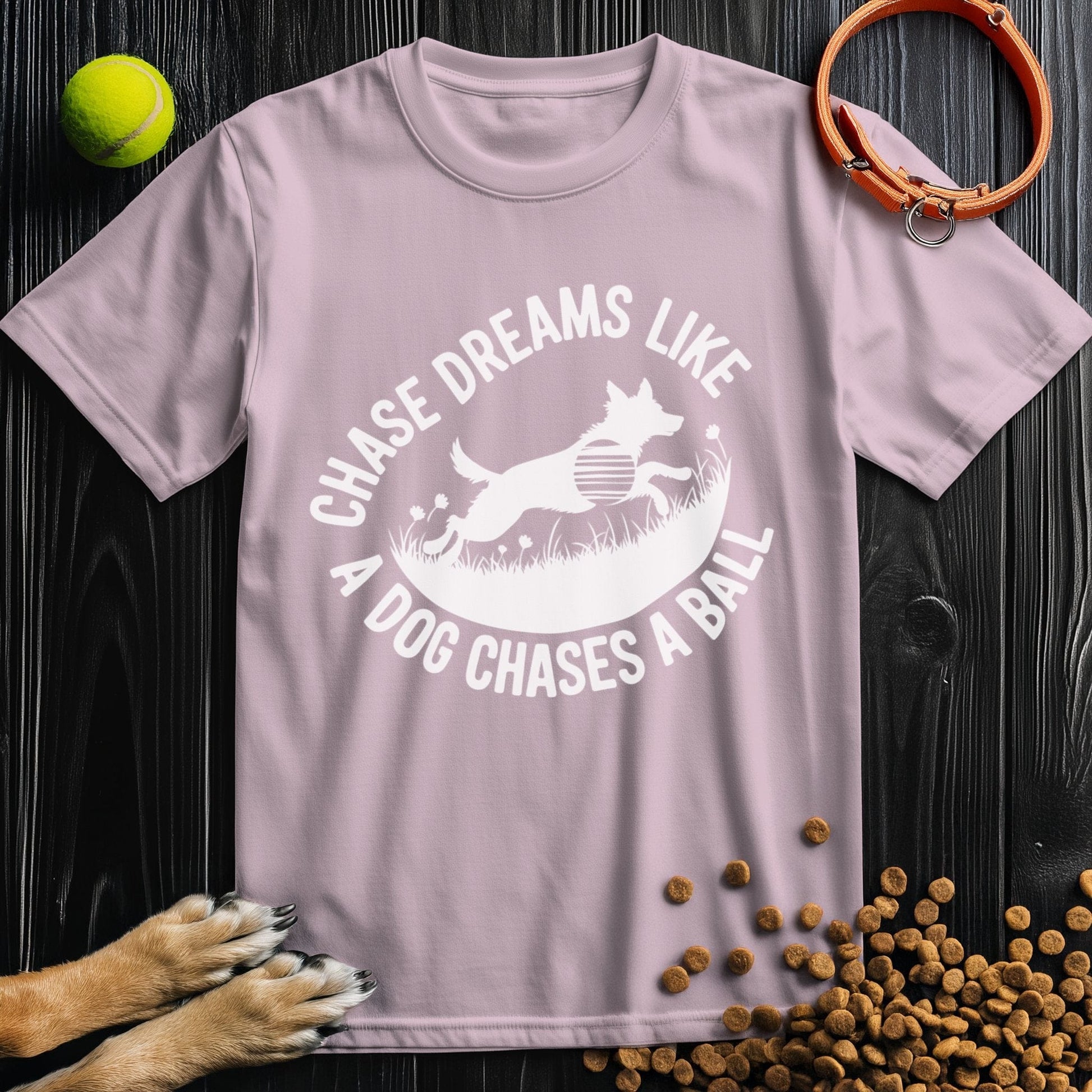 Light pink Chase Dreams T-Shirt with motivational dog print. Soft, breathable cotton tee perfect for summer and TikTok trends.