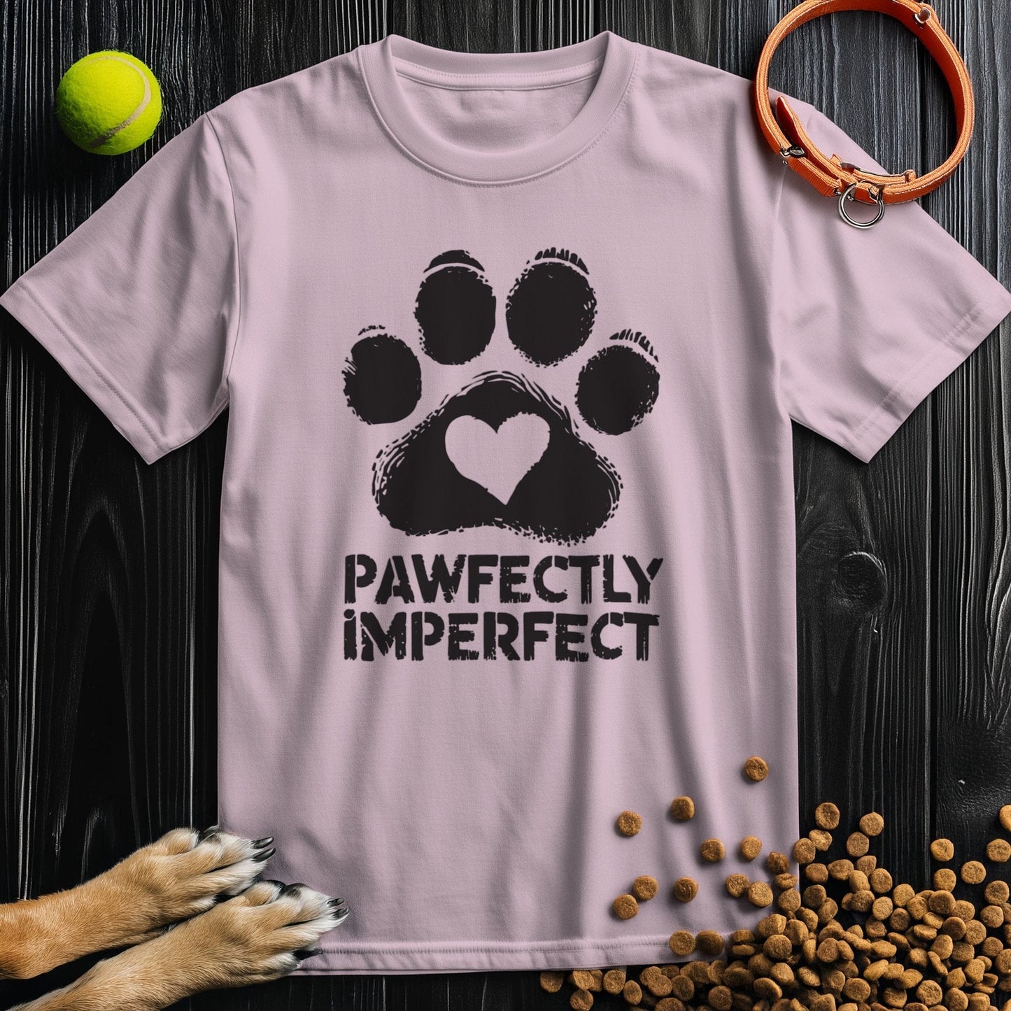 Light pink Pawfectly Imperfect Rustic T-Shirt with black paw print and heart. Ethically made unisex cotton shirt for dog lovers.