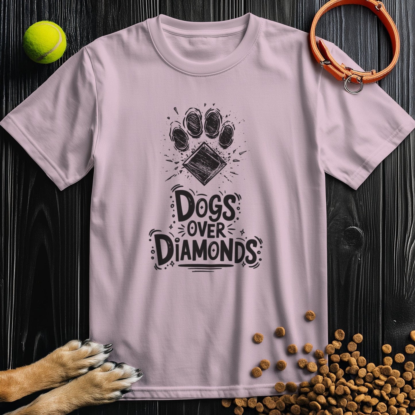 Light pink Dogs Over Diamonds T-Shirt with bold black design, made from 100% cotton and perfect for dog lovers seeking a soft, casual look.