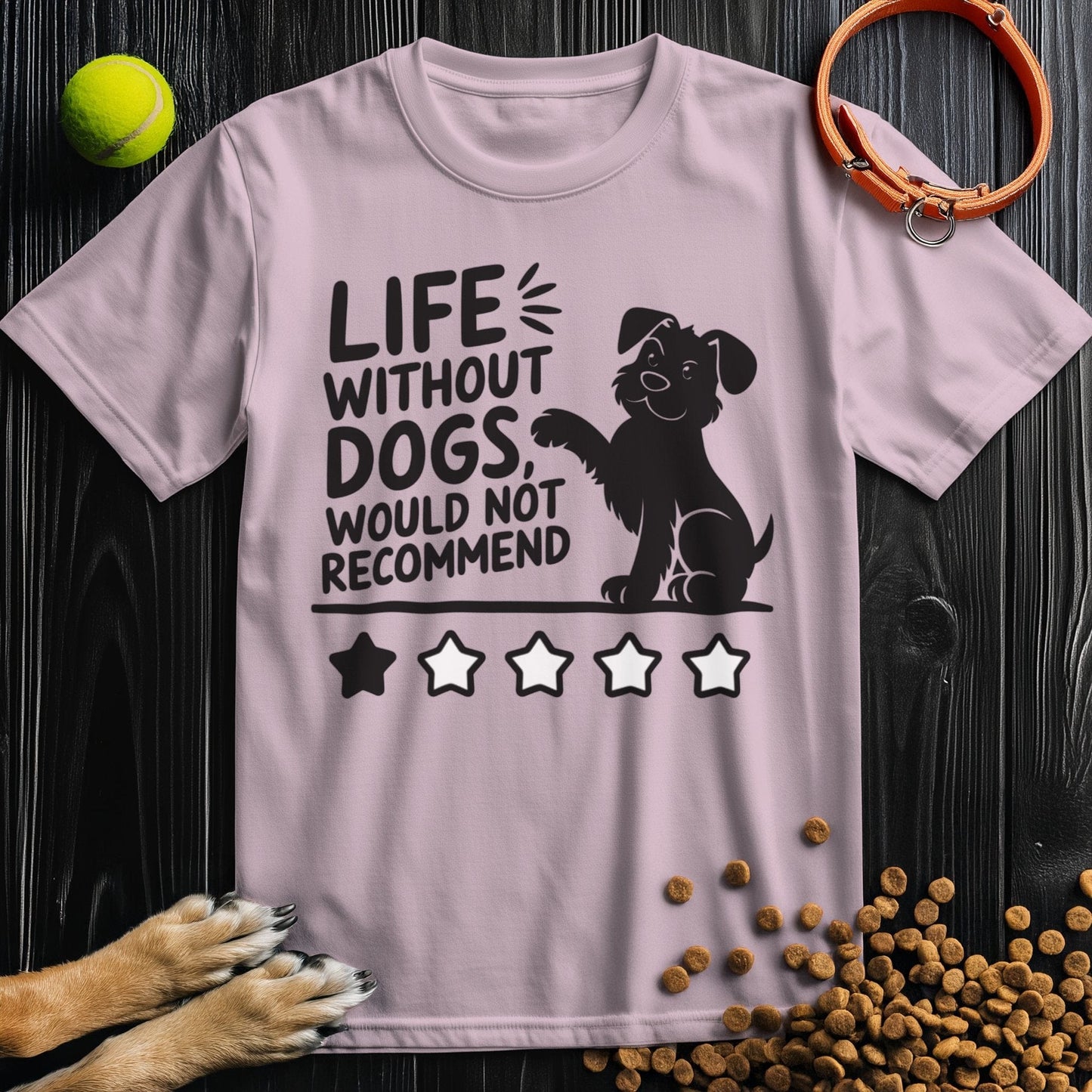 Light pink dog-themed T-shirt with cartoon dog and humorous review quote, made from soft ring-spun cotton for dog lovers.