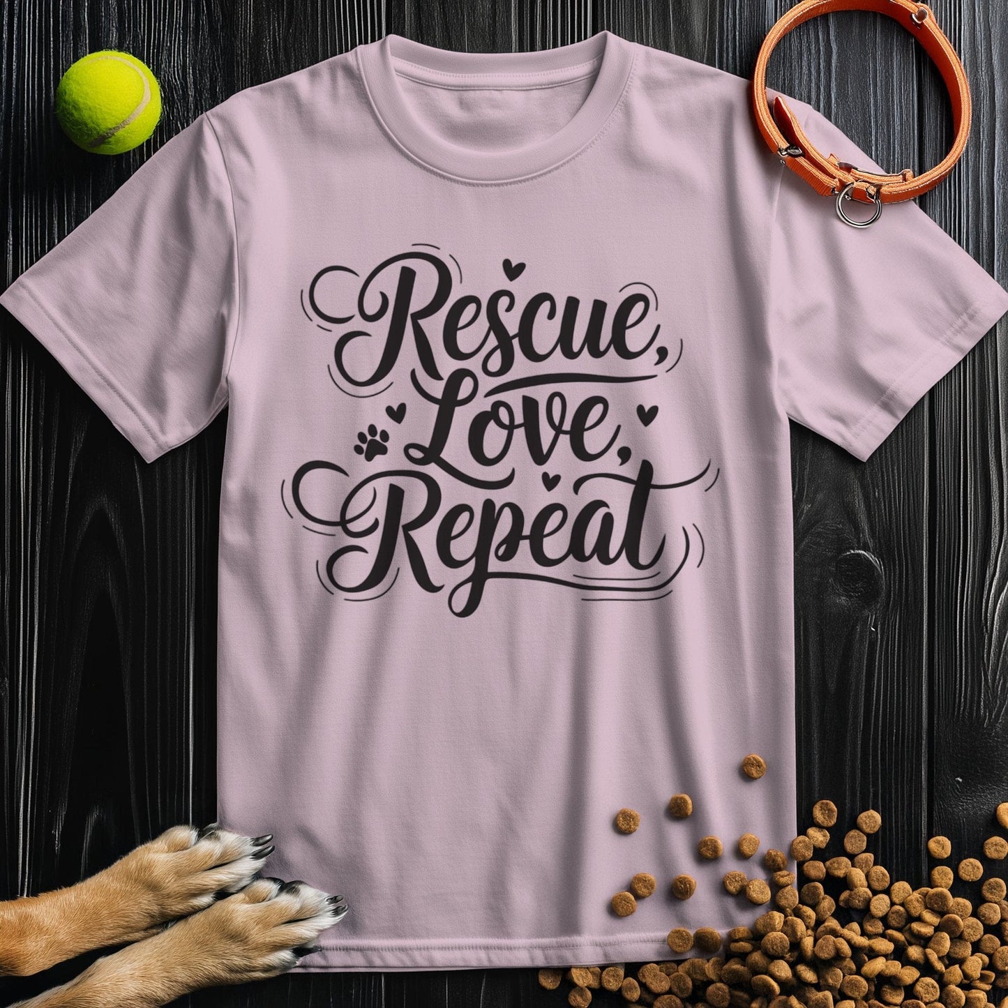 Light pink Rescue Love T-Shirt in sustainable cotton, featuring bold dog rescue message. Unisex fit perfect for pet lovers’ casual wear.