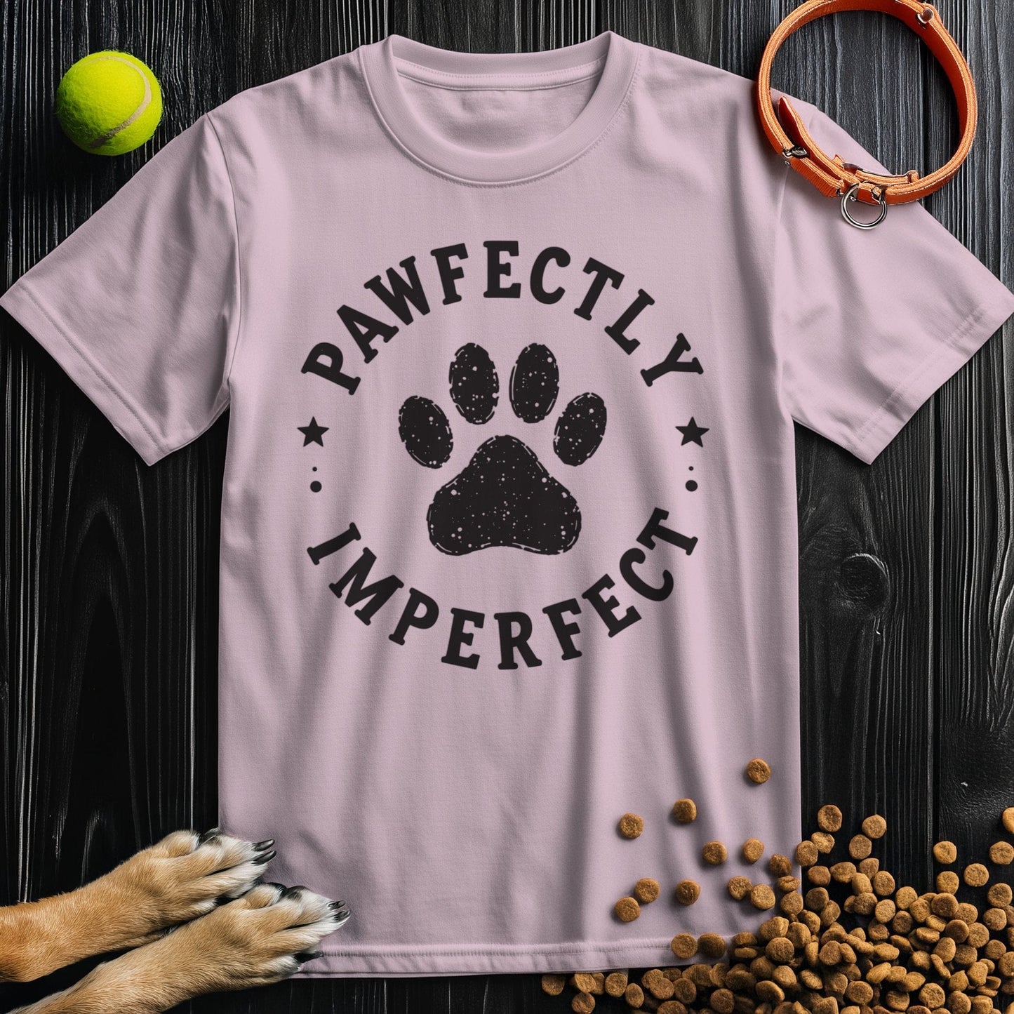 Light pink Pawfectly Imperfect Badge T-Shirt in soft cotton. Dog-themed apparel perfect for women’s casual and summer outfits.
