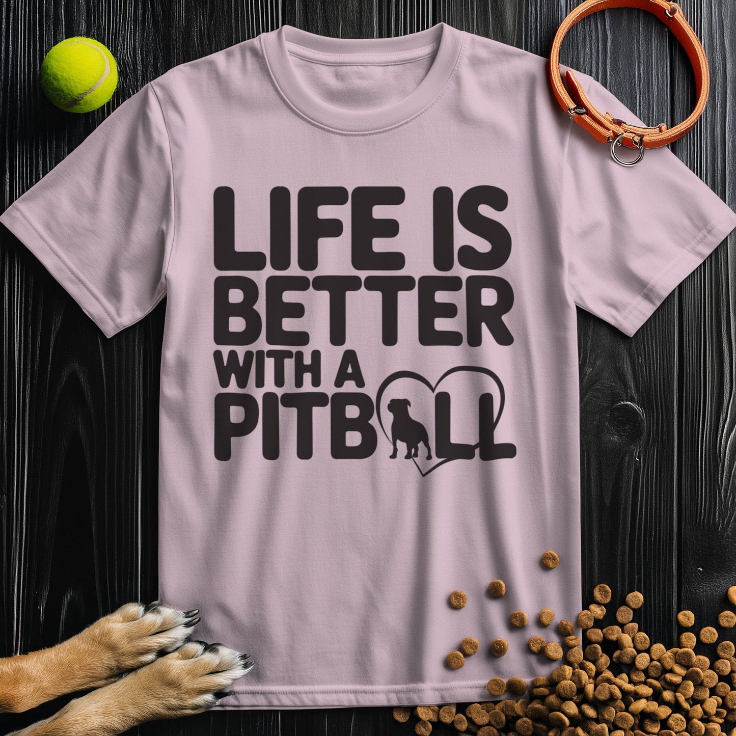 Light pink Pitbull T-Shirt with black 'Life Is Better With A Pitbull' print. Soft cotton tee, perfect for personalized pet-themed outfits.