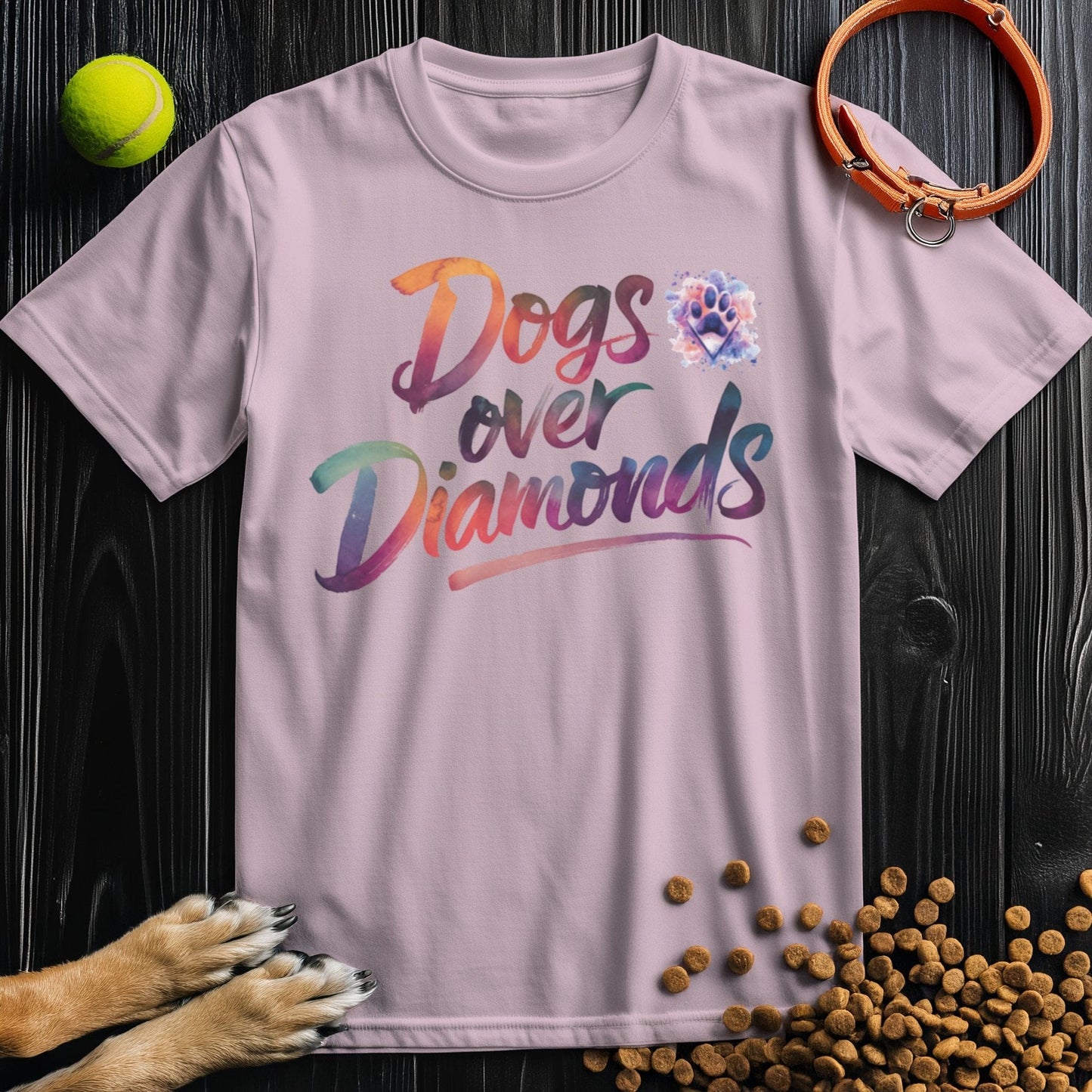 Light pink Dogs Over Diamonds Watercolor T-Shirt with rainbow dog-themed design, soft cotton unisex tee perfect for pet lovers.