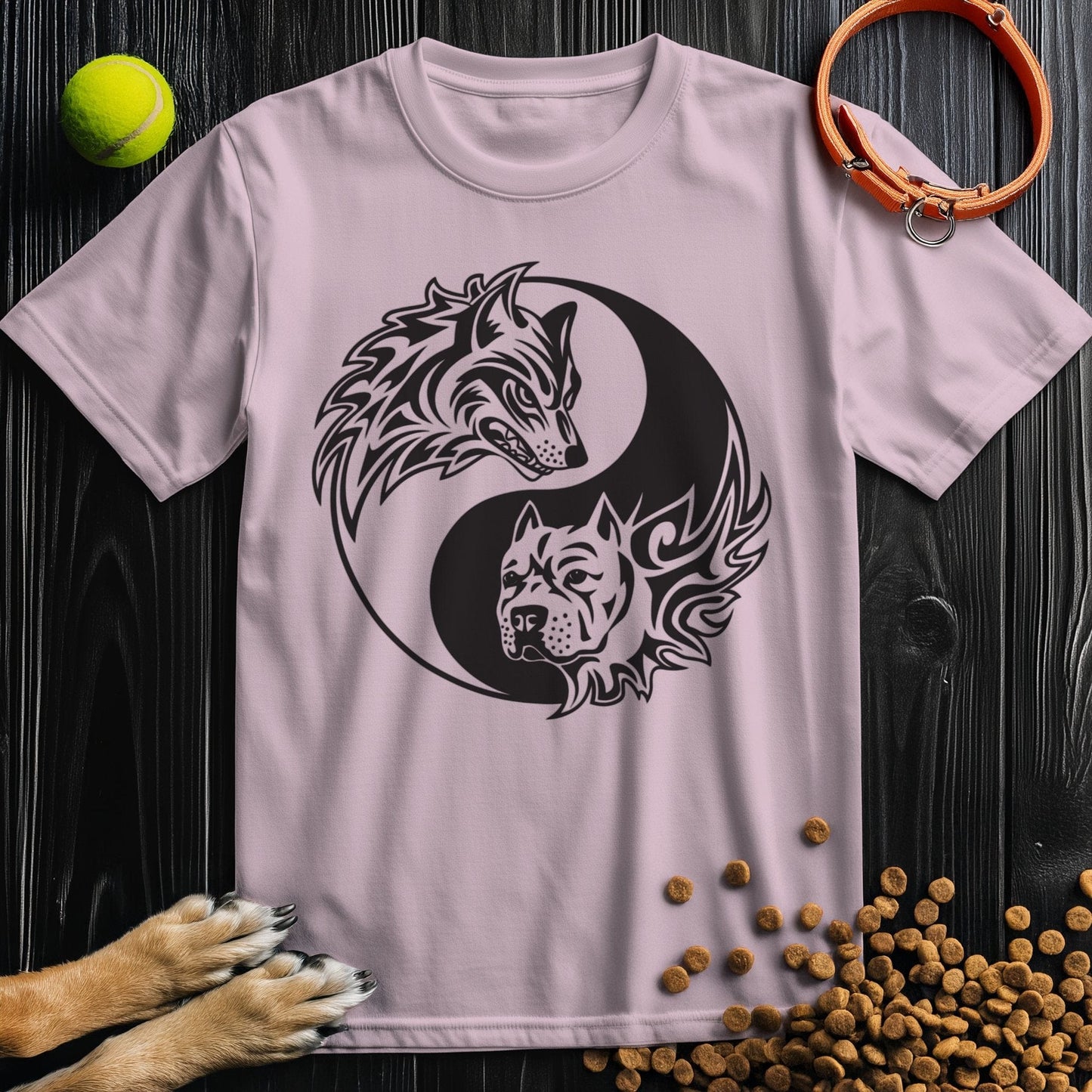 Light pink Yin-Yang Wolf & Dog T-Shirt with black graphic, crafted from soft cotton. A trendy dog t-shirt for pet lovers and everyday wear.