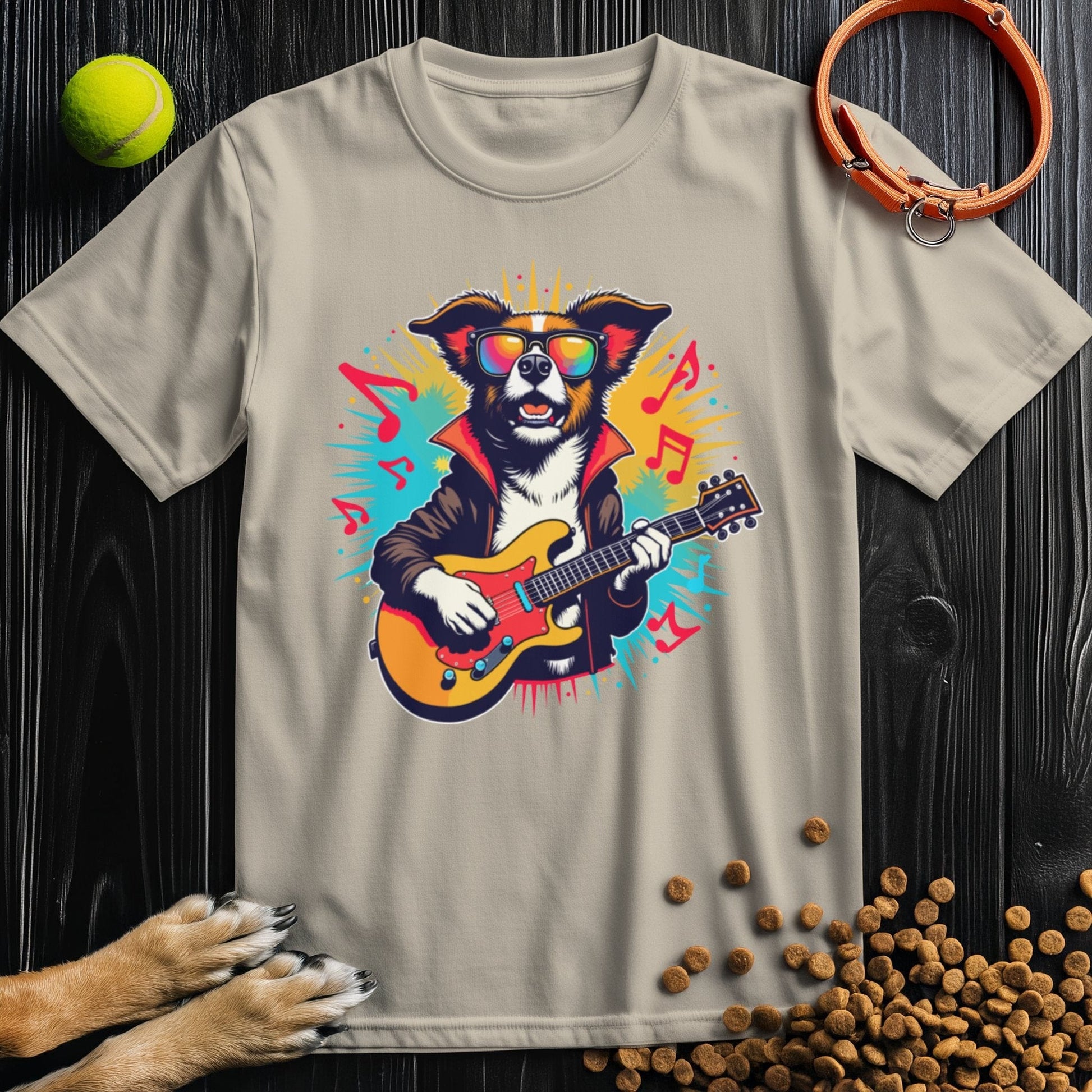 Beige dog themed shirt featuring a colorful puppy rocking out on guitar. Stylish and fun for pet owners and music lovers.