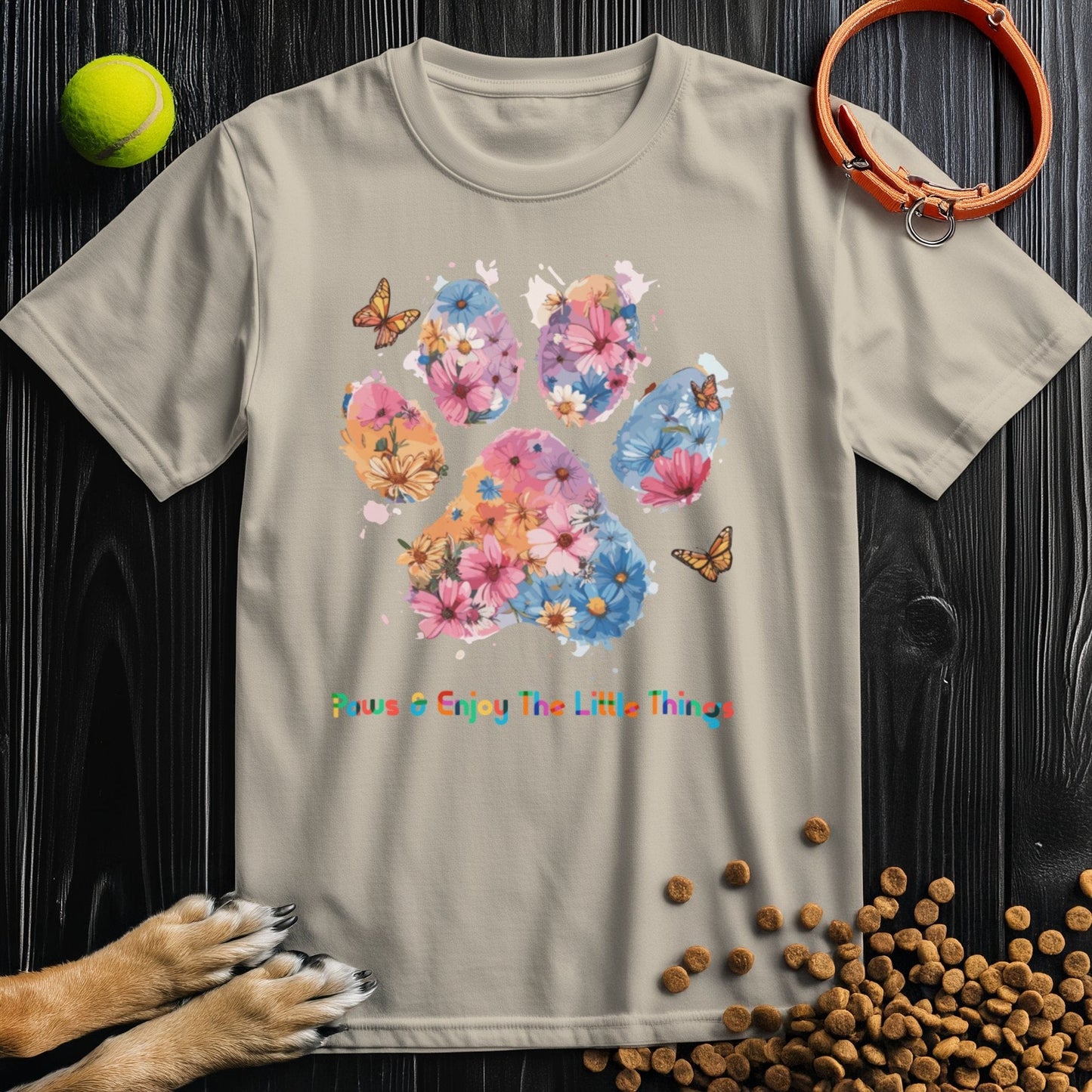 Beige Paws & Enjoy Dog Watercolor Shirt with colorful paw print and butterflies, breathable cotton T-shirt ideal for pet lovers and summer wear.