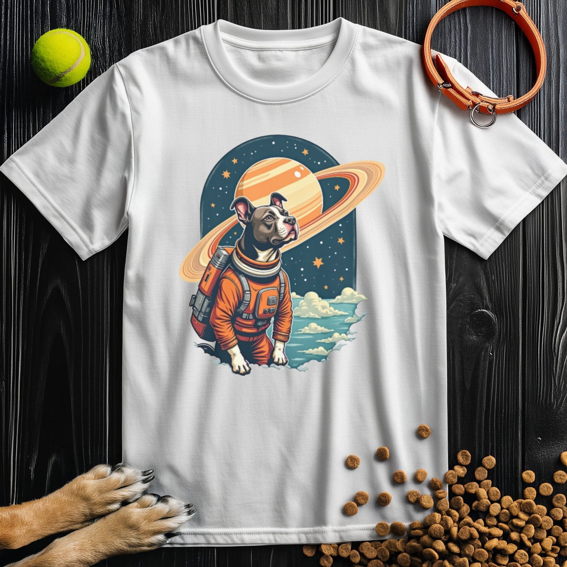 White Cosmic Canine T-Shirt with a space dog and Saturn design. Ideal for dog lovers seeking comfort and standout summer style.