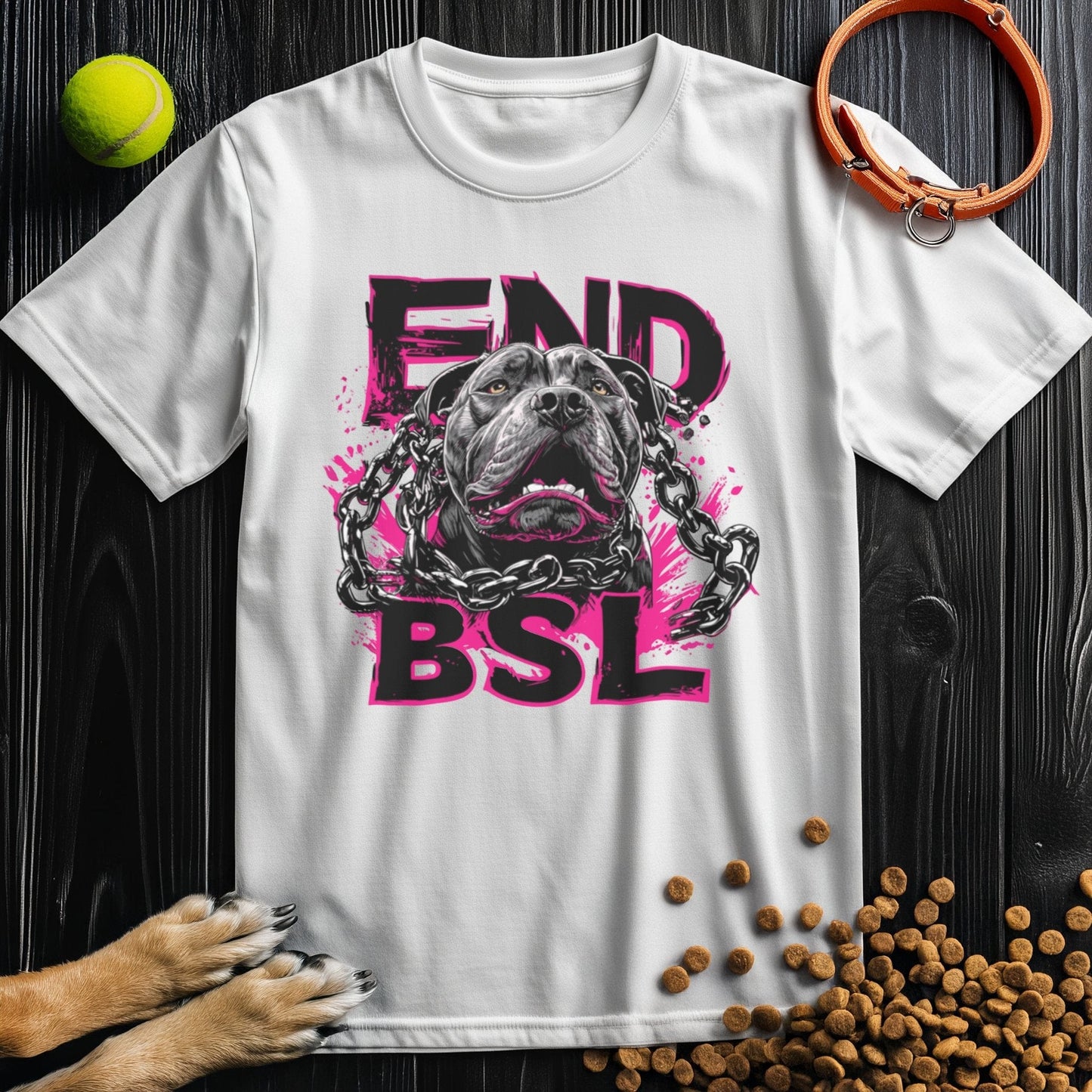 White End BSL T-shirt with bold pink pit bull artwork and broken chains. Crafted from 100% US cotton for comfort and advocacy.