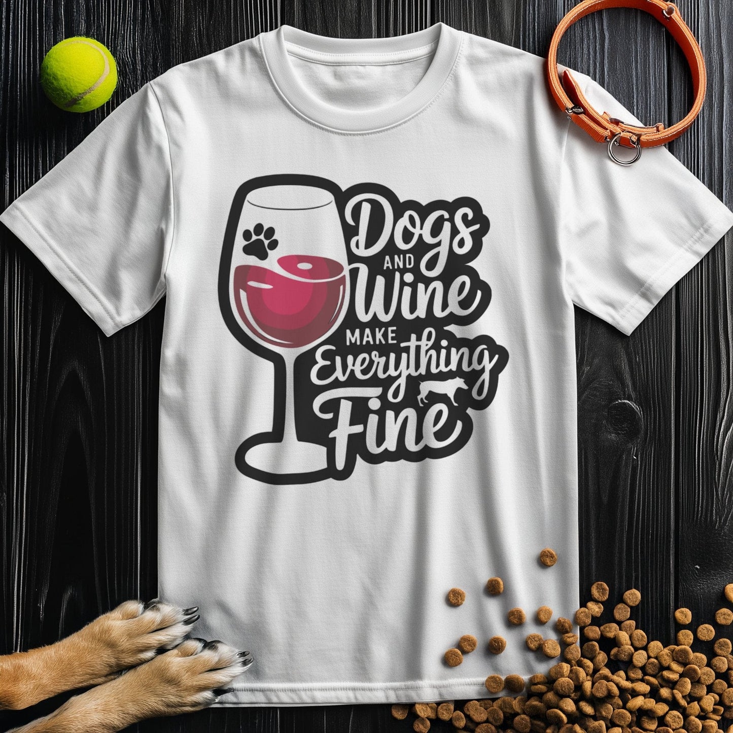 White Dogs & Wine Shirt with bold black and pink graphic, 100% cotton crew neck tee ideal for pet and wine enthusiasts.