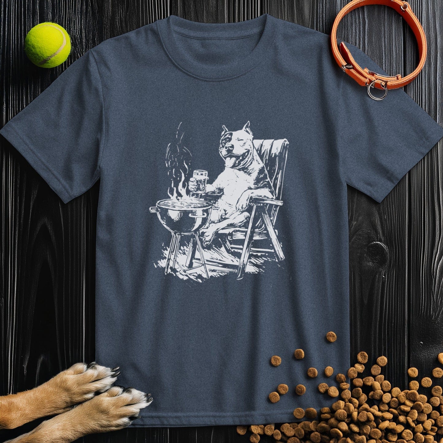 Casual heather navy tee featuring Relaxed Roasting text for dog lovers