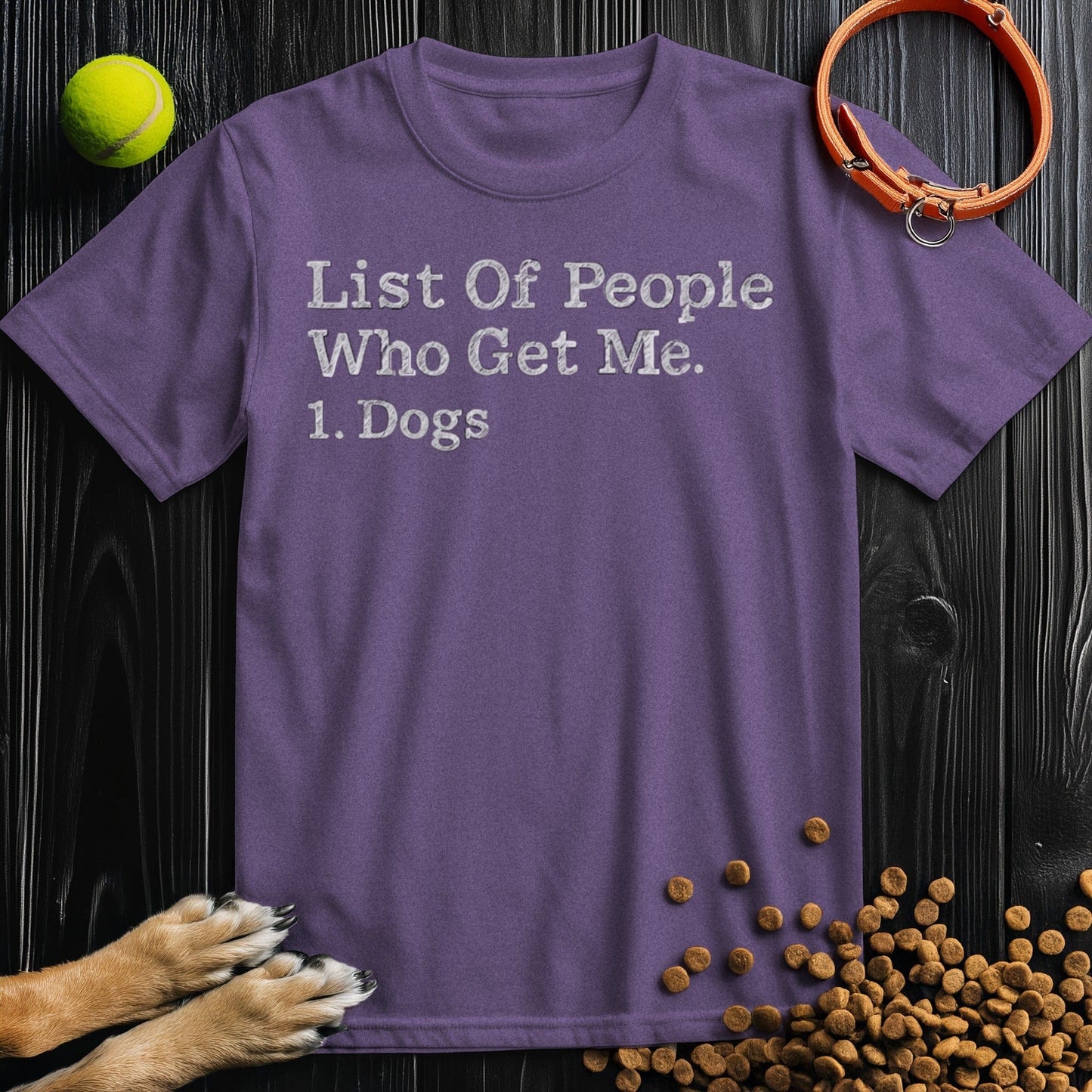 Front view of ‘List of People Who Get Me: Dogs’ dog shirt in heather purple