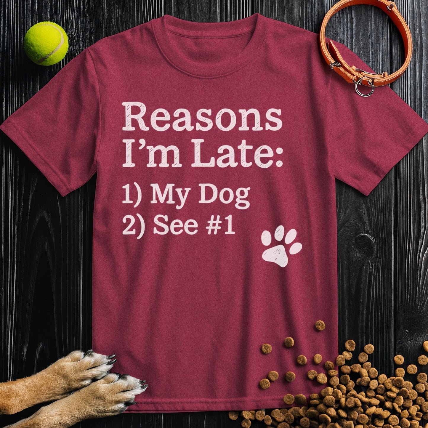 Front view of ‘Reasons I’m Late: My Dog’ dog shirt in heather cardinal