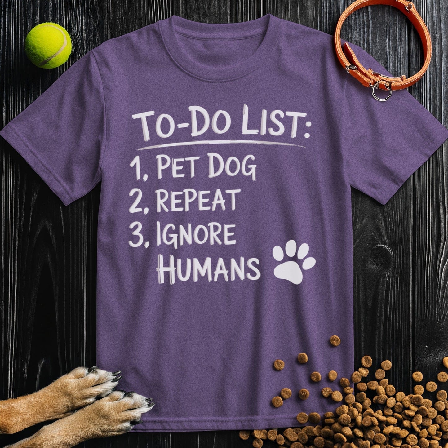 Front view of ‘To-Do List: Pet Dog & Repeat’ dog shirt in heather purple