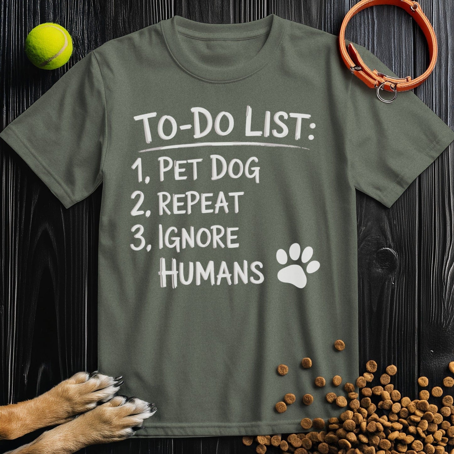 Front view of ‘To-Do List: Pet Dog & Repeat’ dog tee in heather military green