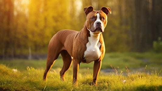 American Staffordshire Terrier Standing In Grass With Trees In The Background