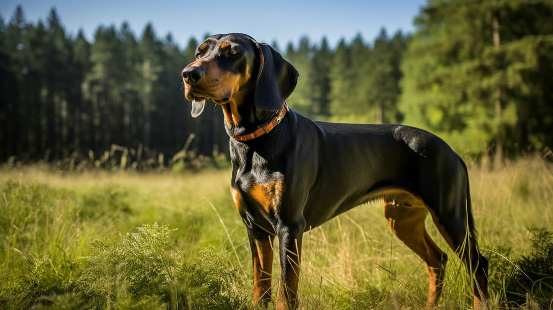 Black and Tan Coonhound Dog Standing In a Field
