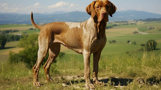 Bracco Italiano dog breed standing in a grassy field
