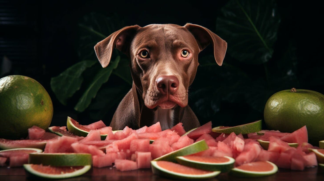 dog looking at guava