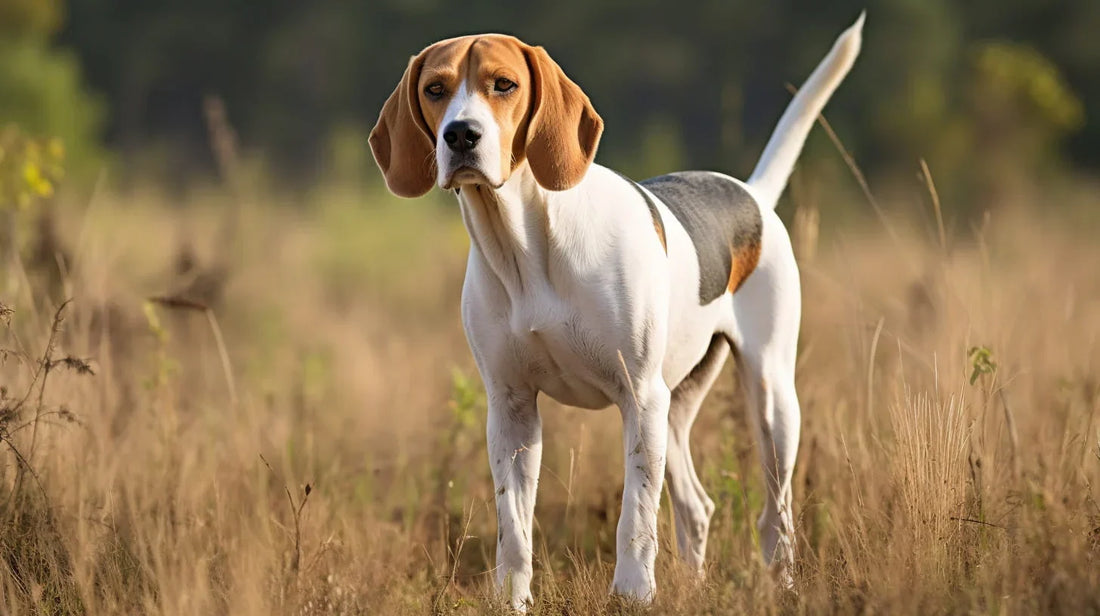 Chien Français Blanc et Noir dog standing in a field