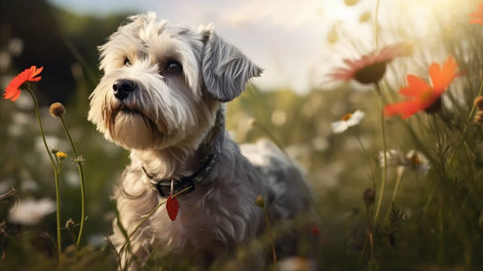 Dandie Dinmont Terrier Dog In a field of flowers