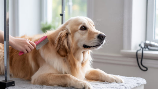 Groomer using dog grooming techniques to brush a golden retriever
