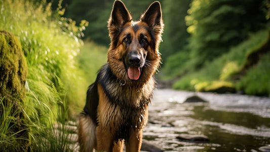 German Shepherd standing on the side of a river