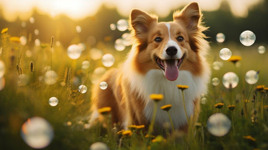 dog in a field with bubbles