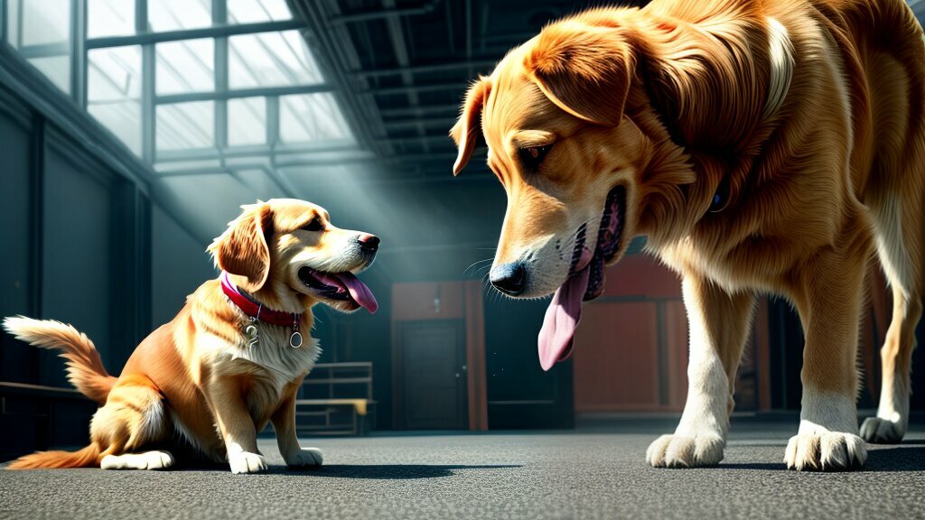 a puppy staring at an adult dog