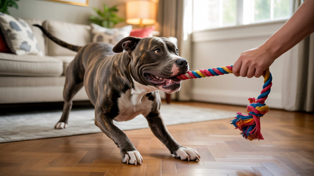 dog playing tug of war showing indoor exercises for your dog