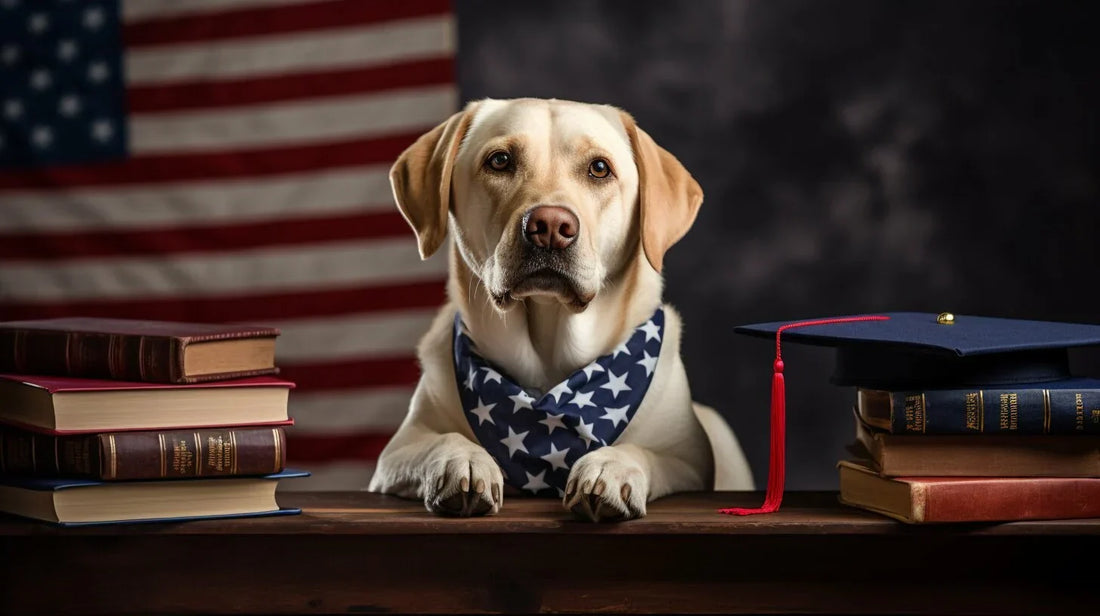 Labrador Retriever at a desk with an american flag behind it