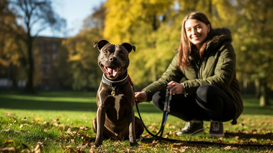 Staffordshire Bull Terrier Dog In A Park With Its Owner