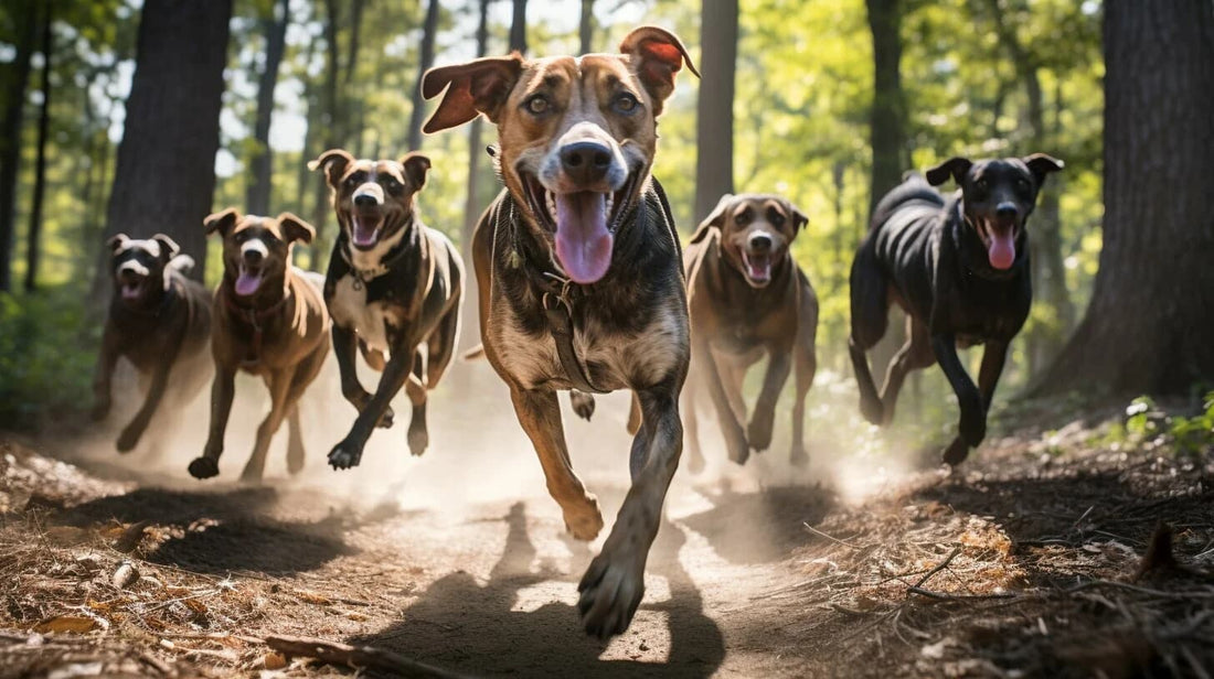Treeing Tennessee Brindle running in the woods in a pack
