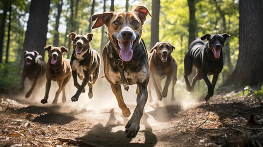 Treeing Tennessee Brindle running in the woods in a pack
