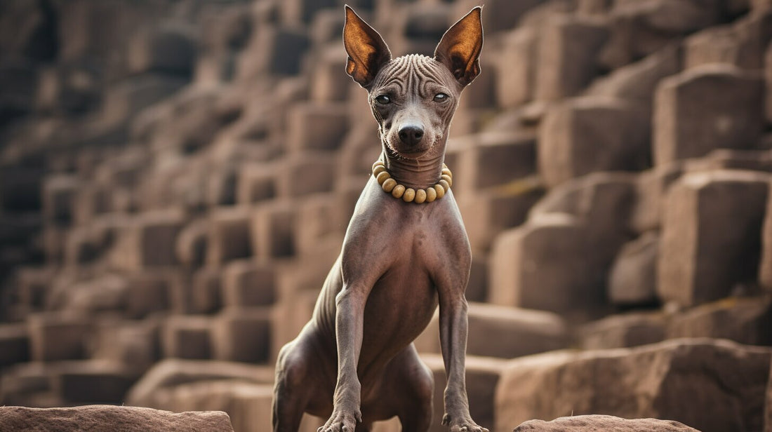 Xoloitzcuintli dog breed standing on stones