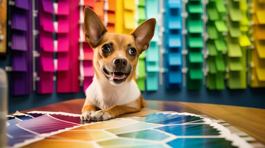 A dog with various color swatches behind it on the wall and floor
