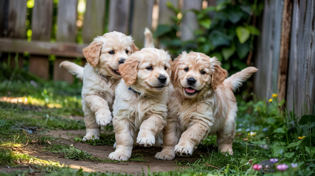 three cute puppies in a background that need names