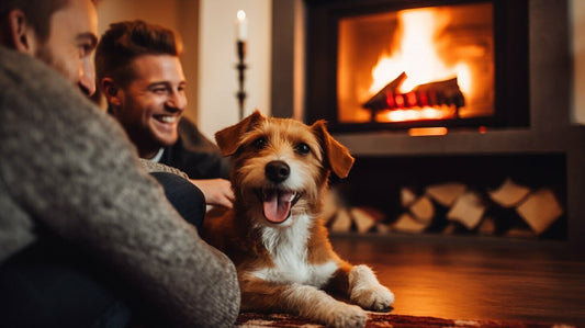 a dog with its owners in front of a fire place