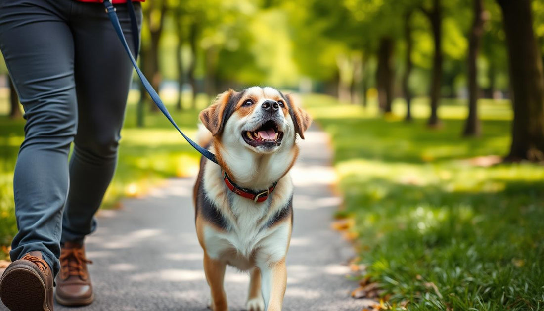 Dog walking calmly on leash with owner using proper leash training techniques