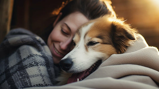 a dog in a blanket sleeping next to its owner