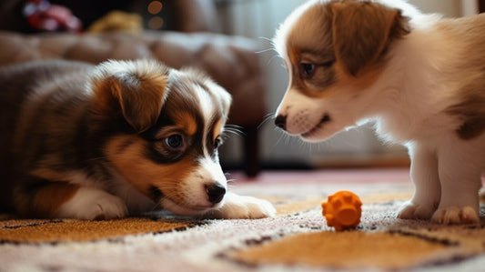 two puppies playing with a toy