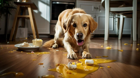 A dog vomiting in the kitchen