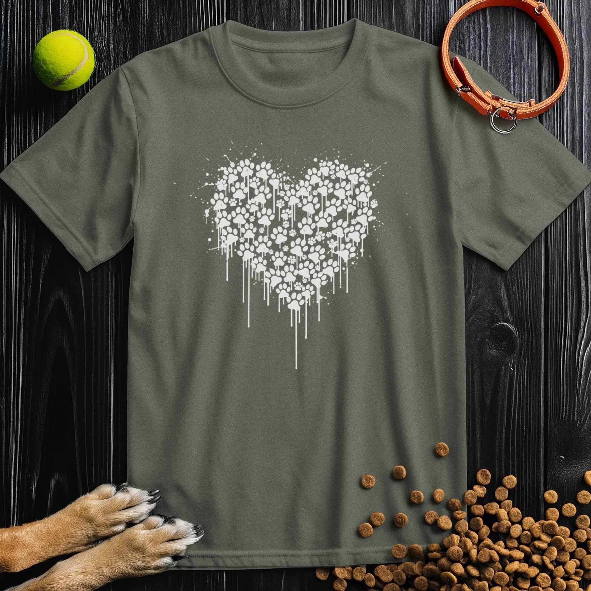 Olive green Pawstrokes T-Shirt with a white paw print heart graphic. Ethically made, 100% cotton tee for dog lovers and pet parents.