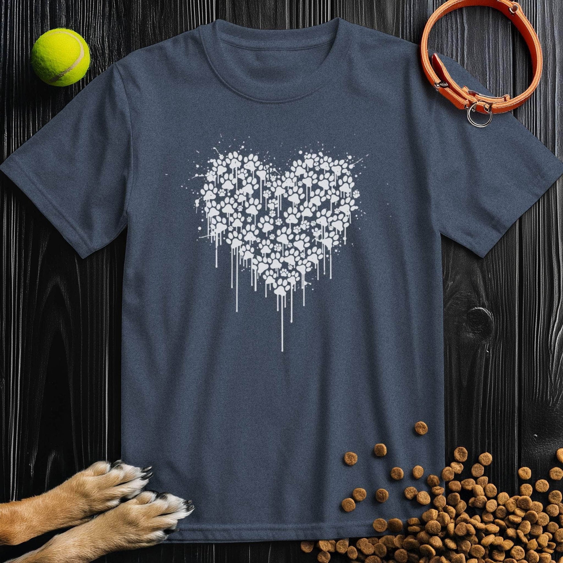 Navy blue Pawstrokes T-Shirt with white paw print heart design. Stylish 100% cotton tee ideal for dog enthusiasts and casual wear.