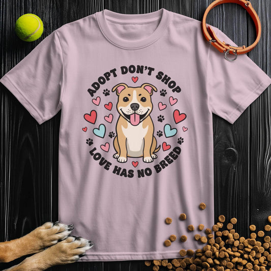Adopt Don't Shop Tee in pink with cartoon dog and hearts, 100% cotton ethical graphic dog t-shirt for pet lovers.