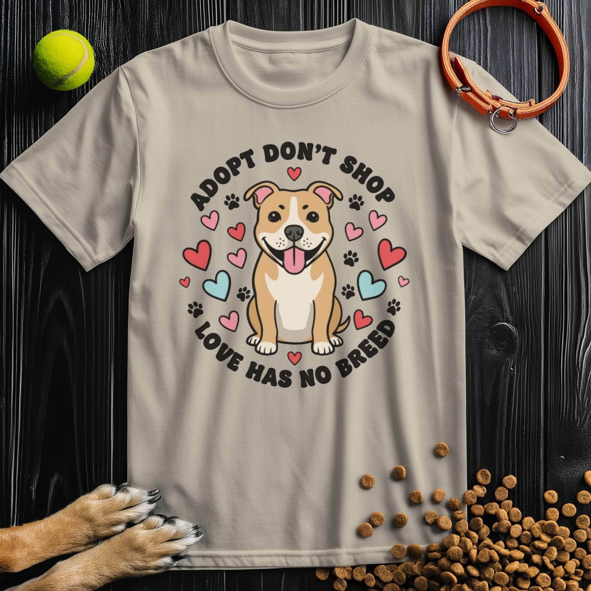 Beige Adopt Don't Shop T-Shirt with playful dog and hearts, 100% cotton ethical graphic tee for animal lovers and rescue supporters.